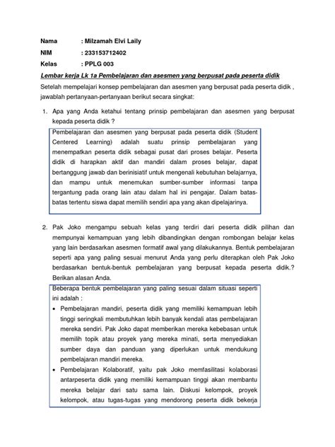 Lembar Kerja Lk 1a Pembelajaran Dan Asesmen Yang Berpusat Pada Peserta Didik Pdf