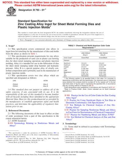 ASTM B793 01e1 Standard Specification For Zinc Casting Alloy Ingot