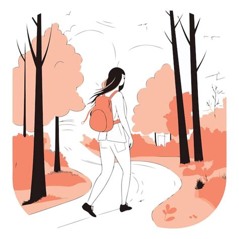 Mujer joven caminando en el parque de otoño en estilo plano Vector