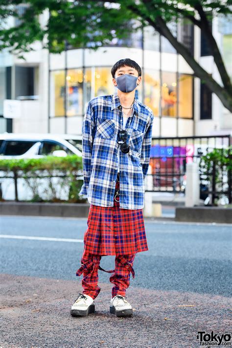 Anrealage Crew in Mixed Plaid Fashion w/ Resale Blue Plaid Shirt, 666 Red Plaid Pants w/ Skirt ...