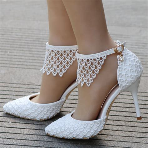 Lace Detail Ankle Strap Stiletto Heels White Wedding Shoes on Luulla