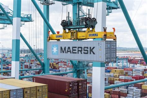 Maersk Owned Container Loaded By The Gantry Crane On The Container Ship