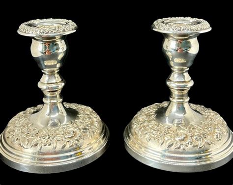 VINTAGE Pair Of S Kirk Son Sterling Repousse Candlesticks Floral