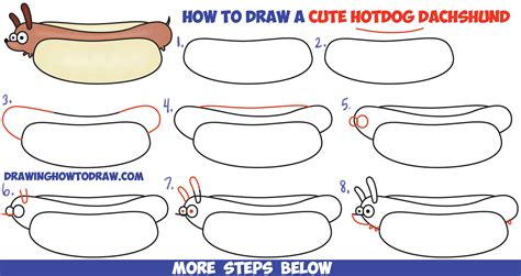 How to Draw a Cute Kawaii Cartoon Hotdog Dog (Dachshund) Easy Step by Step Drawing Tutorial for ...