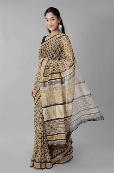 Beige Printed 6 3m Kota Doria Block Print Saree 6 3 M With Blouse