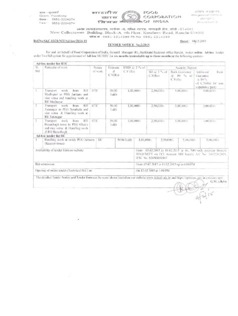 Fillable Online Fci Gov Imimg Comdata Rscost Of Tender Form Rs