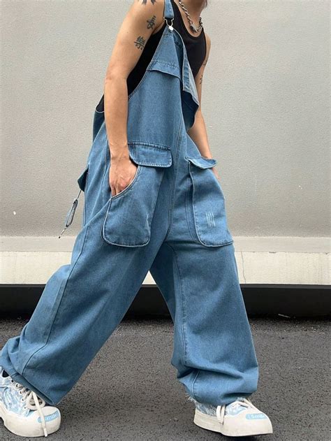 Men S Loose Fit Cargo Denim Overalls Baggy Overall Plain Light Blue