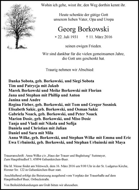 Traueranzeigen Von Georg Borkowski Trauer In Nrw De