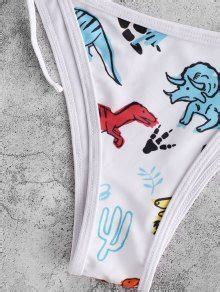 ZAFUL Dinosaur Print Tie Piping String Bikini Swimsuit In WHITE ZAFUL