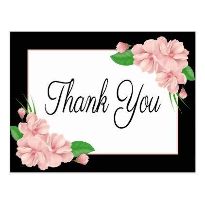 A Thank Card With Pink Flowers And Green Leaves