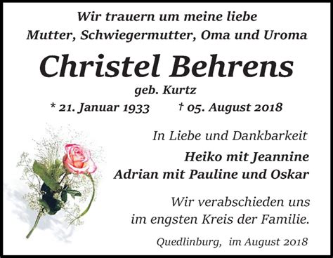 Traueranzeigen Von Christel Behrens Abschied Nehmen De