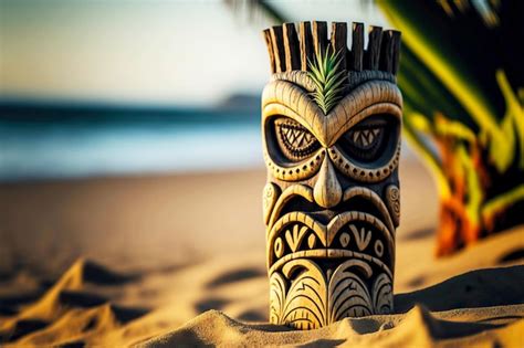 Premium Photo Wooden Tiki Mask Glass In Form Of Owl On Beach Of