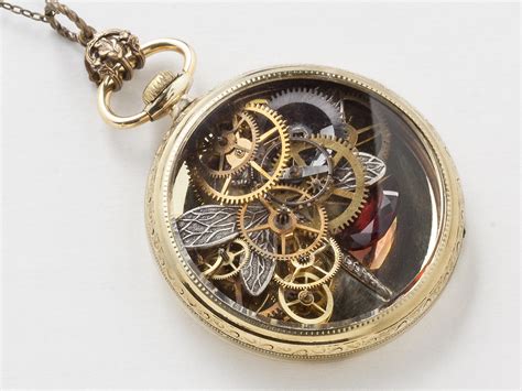 Steampunk Necklace K Gold Filled Pocket Watch Movement Case With