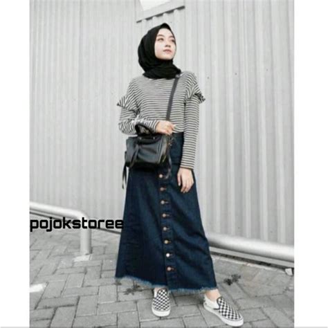 Jual Rok Kancing Depan Rok Denim Button Skirt Jeans Span Panjang Wanita Jins Rok Kancing Putih