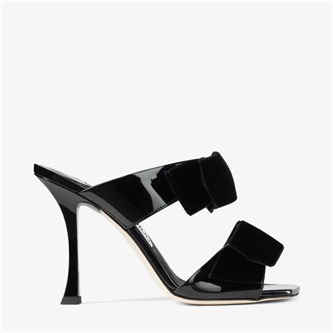 Flaca Sandal 100凉鞋 立绒蝴蝶结饰黑色漆皮凉鞋 Jimmy Choo