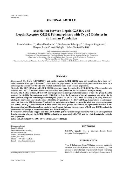 Pdf Association Between Leptin G2548a And Leptin Receptor Q223r