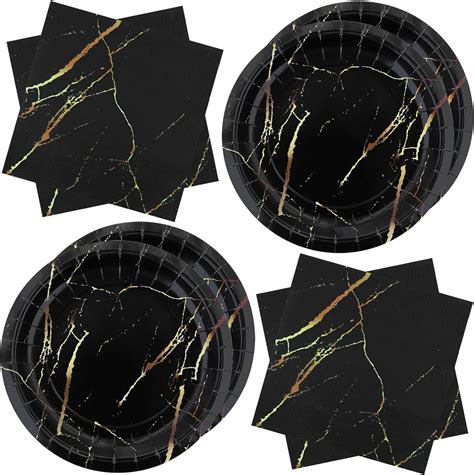 Zvk Black Gold Party Paper Plates Napkins Set Pack Of Dinnerware