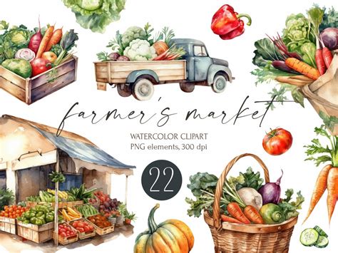 Watercolor Farmers Market Clipart Farmer Vegetables Baskets Boxes