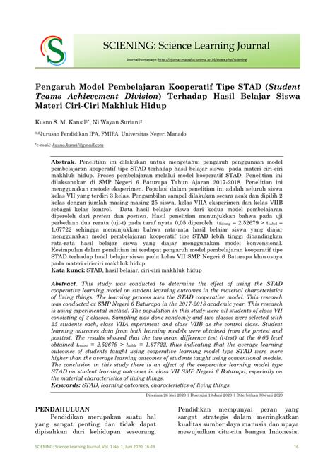 Pdf Pengaruh Model Pembelajaran Kooperatif Tipe Stad Student Teams