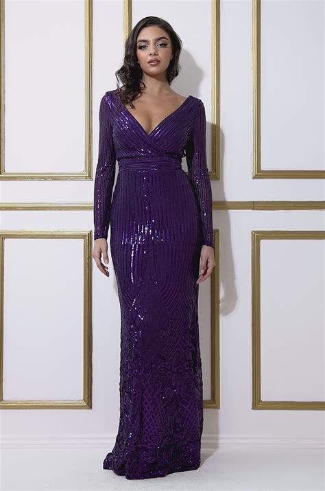 Long Sleeve Sequin V Wrap Maxi Dress Purple