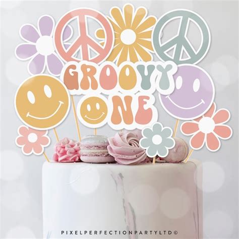 Groovy One Birthday Party Centerpiece Cake Toppers Hippie 70s Rainbow