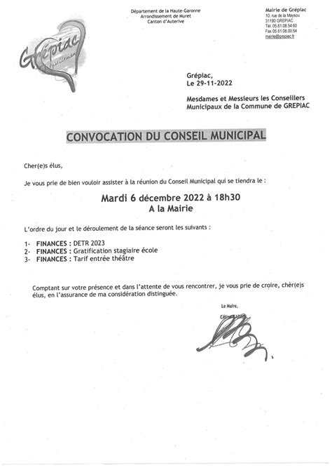 Convocation Conseil Municipal Mairie De Grepiac