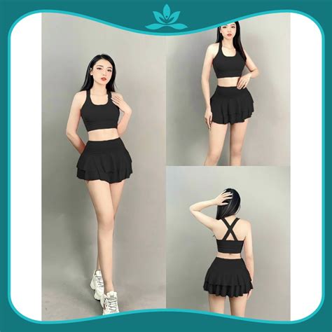 Mua Bộ váy xoè 2 tầng áo bra hot trend tập zumba nhảy aerobic đi bơi đi biển đồng phục đội