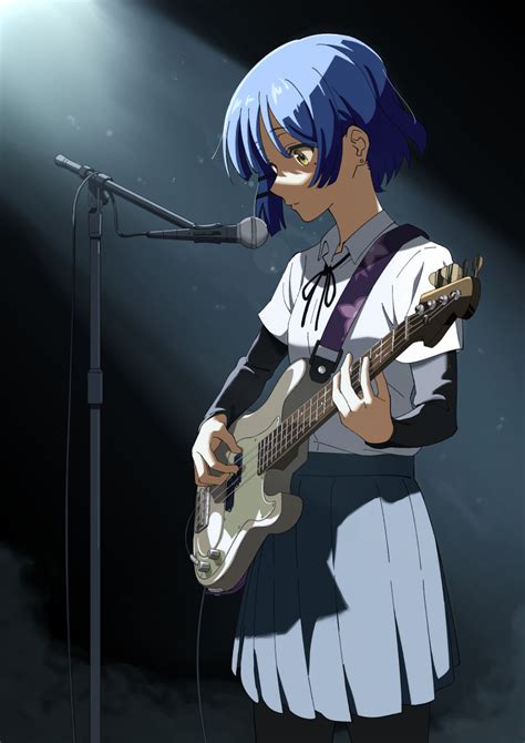 Safebooru 1girl Absurdres Bass Guitar Black Ribbon Black Undershirt Blue Hair Bocchi The Rock