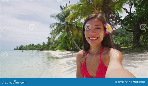 Selfie Video Bikini Travel Woman On Beach Smiling Haivng Fun On Bora