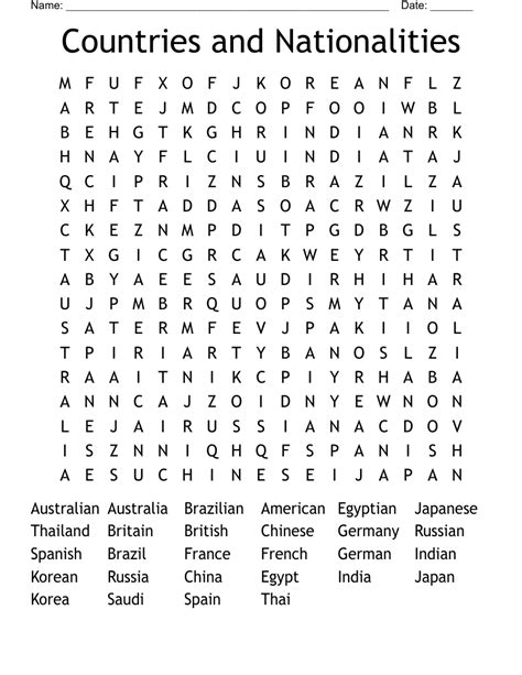 Countries And Nationalities Word Search Puzzle Worksheet Vocabulary