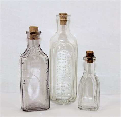 Three Antique Apothecary Medicine Bottles Elixir Bottles Cork Bottles