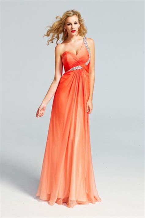 Superb One Shoulder Orange Chiffon Full Length Evening Dress