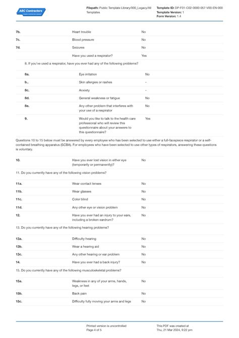 OSHA Respirator Medical Evaluation Questionnaire Form