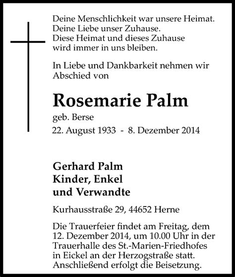 Traueranzeigen Von Rosemarie Palm Trauer In NRW De