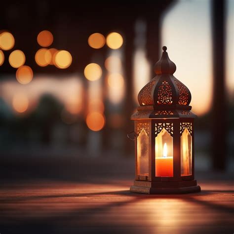 Premium AI Image Beautiful Burning Arabic Lantern On Wooden