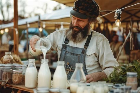 Premium Photo A Bearded Farmer Pours Creamy Milk Into Glass Bottles