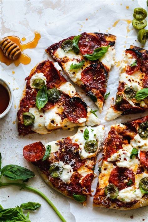 Pepperoni Pizza With Hot Honey Ricotta Olives And Basil Recipe In