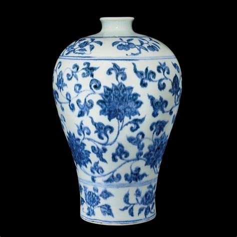 A Fine And Very Rare Blue And White Lotus Scroll Vase Meiping Ming