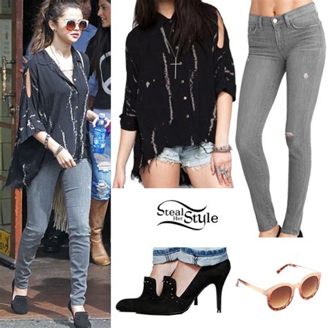 Selena Gomez Cut Out Shirt Grey Jeans Steal Her Style