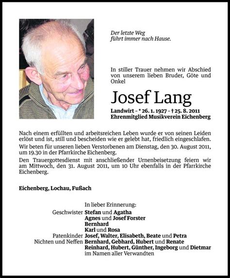 Todesanzeigen Von Josef Lang Todesanzeigen Vorarlberger Nachrichten