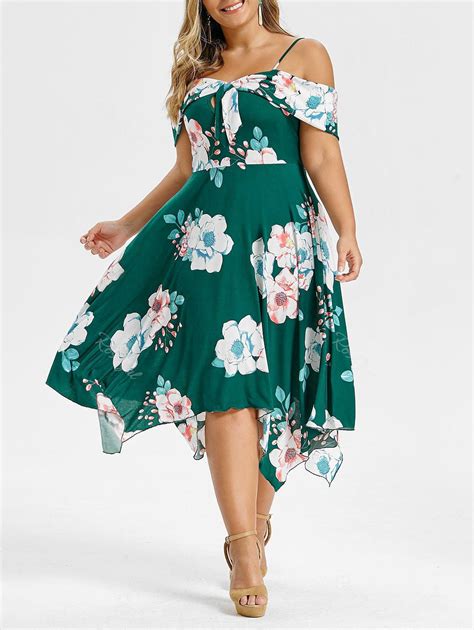 58 Off Plus Size Cold Shoulder Front Knot Midi Floral Dress Rosegal