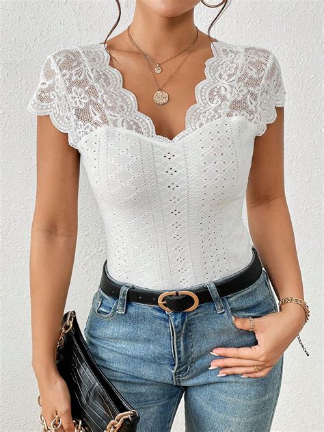 Shein Frenchy Contrast Lace Scallop Trim Eyelet Embroidery Top Shein Usa