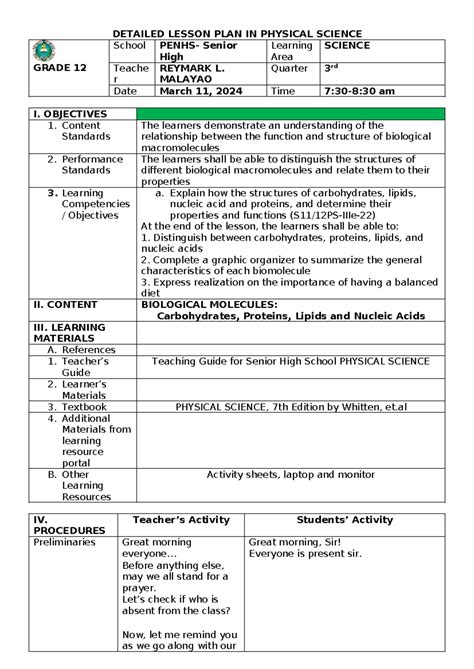 Detailed Lesson Plan I N Physical Science 1 Detailed Lesson Plan In