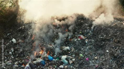 Garbage And Fire Burn In Landfill Also Call Trash Waste Rubbish