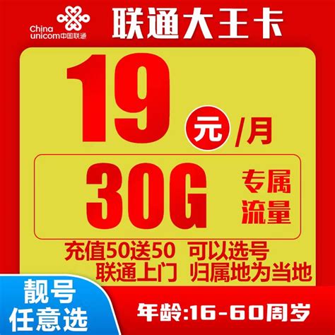 联通大王卡19元30g专属流量【本地归属可以选号】