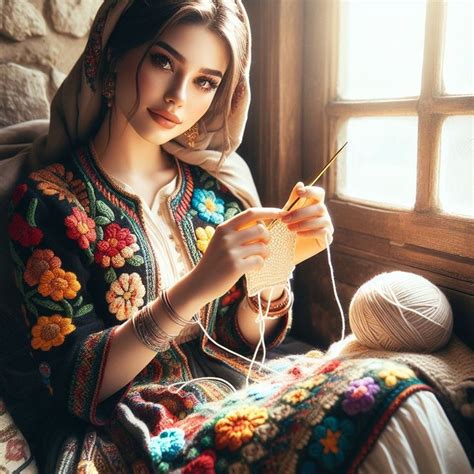 A Woman Is Knitting While Sitting On A Couch