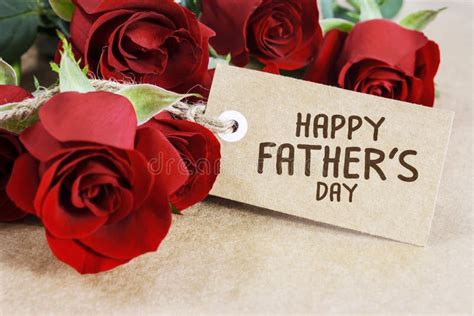 Red Roses With Fathers Day Card On Brown Paper Stock Image Image Of