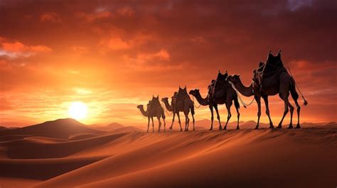 Premium AI Image | Camel caravan in the desert at sunrise