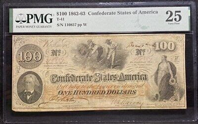 T 41 100 1862 Confederate States Banknote Civil War Confederacy Money