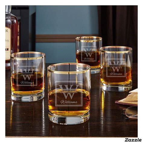 Set Of 4 Oakhill Gold Rim Whiskey Glasses Whiskey